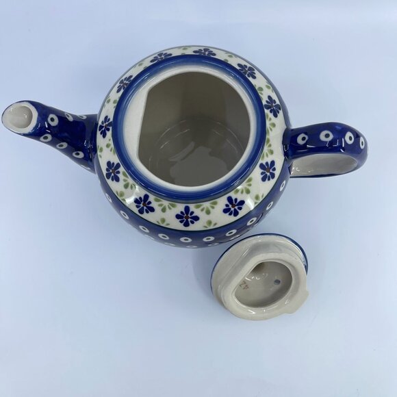 vintage boleslawiec polish pottery tea pot "blue daisy" pattern handcrafted - Picture 6 of 7